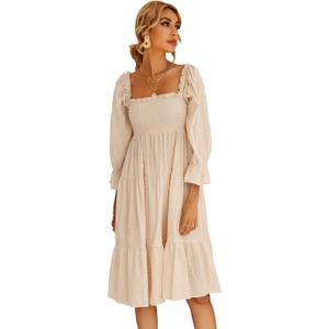 R.Vivimos Women's Summer Cotton Plaid Puff Sleeves Bow Casual Off-Shoulder Boho Midi Dress (Beige, M)
