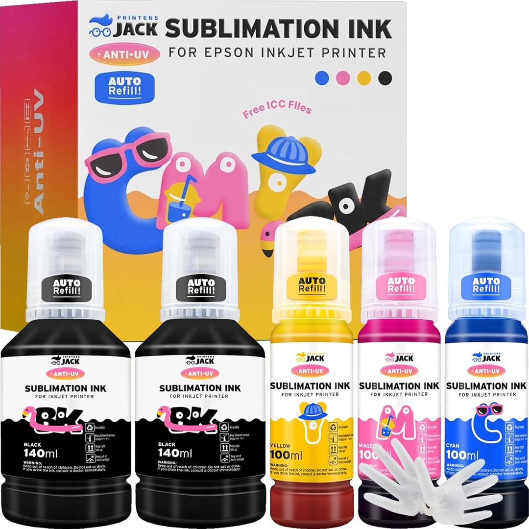 Printers Jack 580ML Sublimation Ink Refilled Bottlescompatible for ET2400 ET2720 ET2760 ET2750 ET4800 ET-2800 ET-2803 ET-2850 Inkjet Printers Heat Press Transfer on Mugs T-Shirts