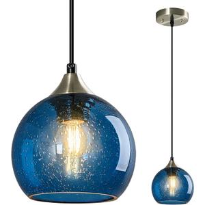 Blue Glass Pendant Lights Kitchen Island Lighting Globe Pendant Light Fixtures Modern Pendant Lighting for Kitchen Island Bedroom Living Dining Room Light Fixture(5.9in, 1-Pack)
