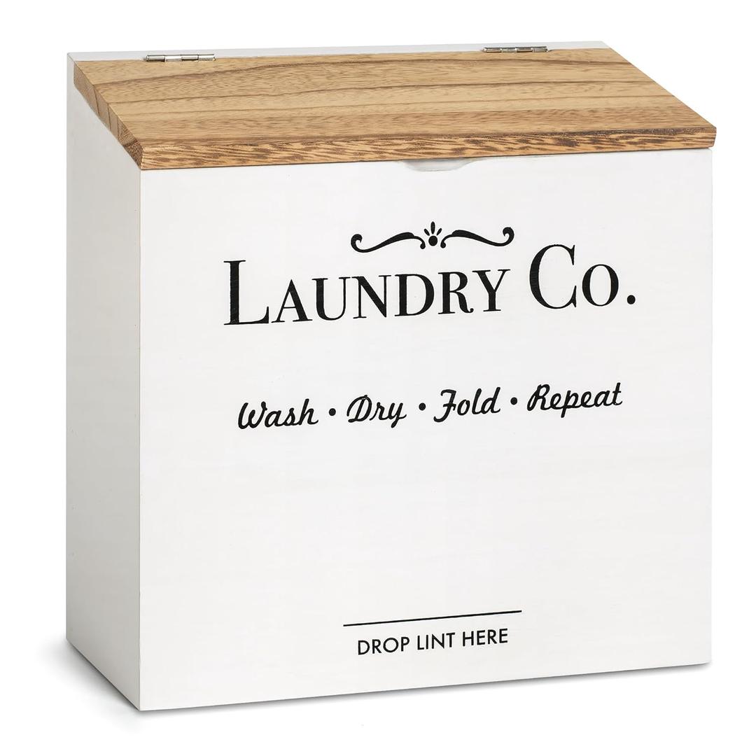 Magnetic Lint Bin for Laundry Room - Dryer Lint Bin with Lid - Wooden Lint Holder, Magnetic Lint Trash Can, Rustic Lint Box - Modern Farmhouse Laundry Room Decor, White