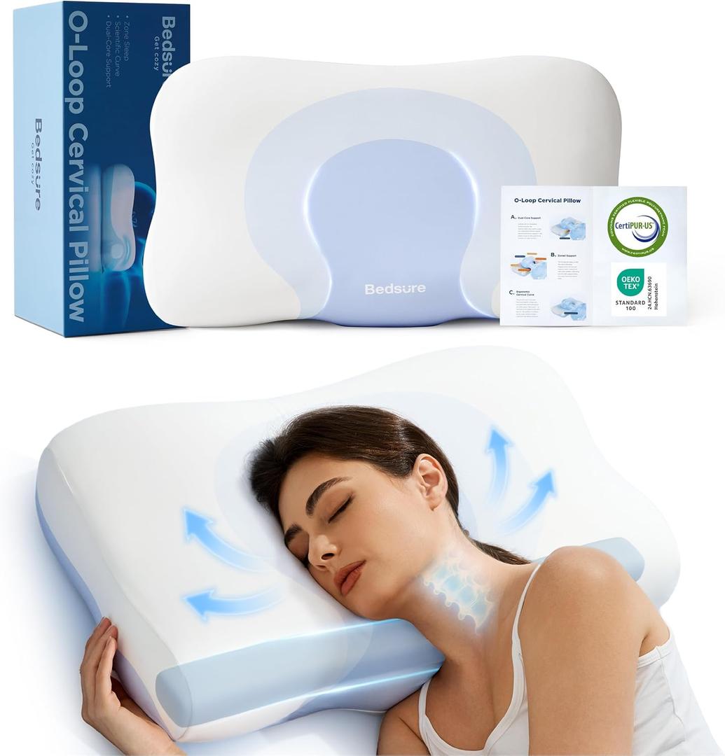 Bedsure Cervical Neck Pillow  Ergonomic Pillows for Deep Sleep, Memory Foam Pillows for Side & Back Sleepers, Orthopedic Cervical Pillow Shape Gently Cradles Head & Neck Support, Shoulder Pain Relief