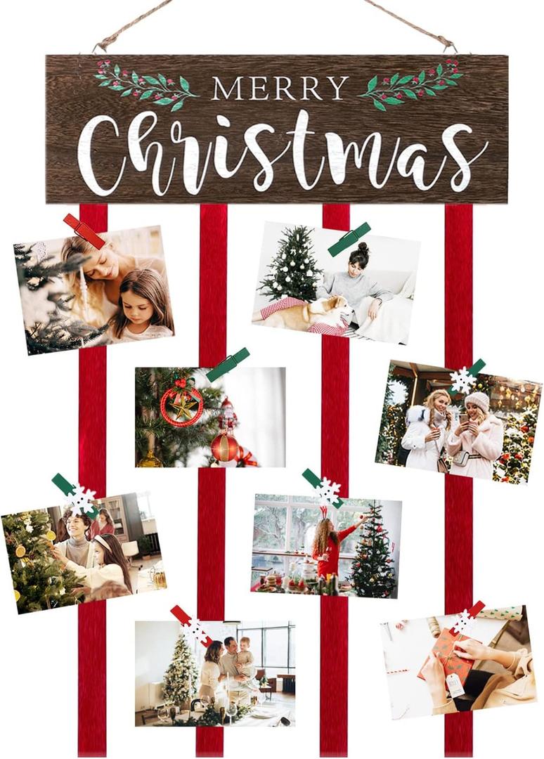 Christmas Card Holder Display, Card Holder Wall Display, Merry Christmas Wooden Decor, Xmas Hanging Picture Holders with 24 Photo Clips, Xmas Decor for Wall Door Window Home