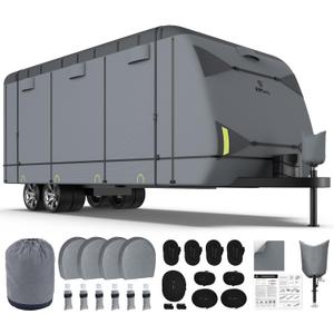 RVMasking RV Cover, Heavy Duty 7 Layers Travel Trailer Cover with 4 Tire Covers for 31'7"-34', Windproof Rip-Stop Anti-UV Camper Cover, Dark Gray