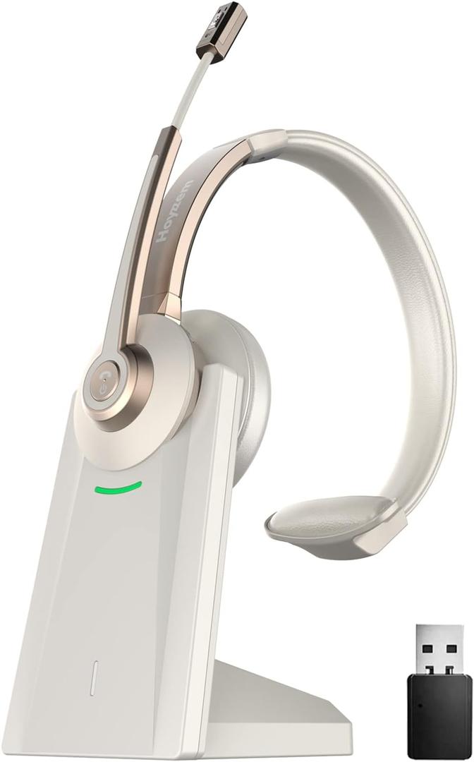 Bluetooth Headset, Wireless Headphones with Microphone Noise Canceling & USB Dongle, V5.0 Trucker Bluetooth Headset with Mic Mute & Charge Dock for PC/Laptop/Phone/Meeting/CallCenter/Office, Gold