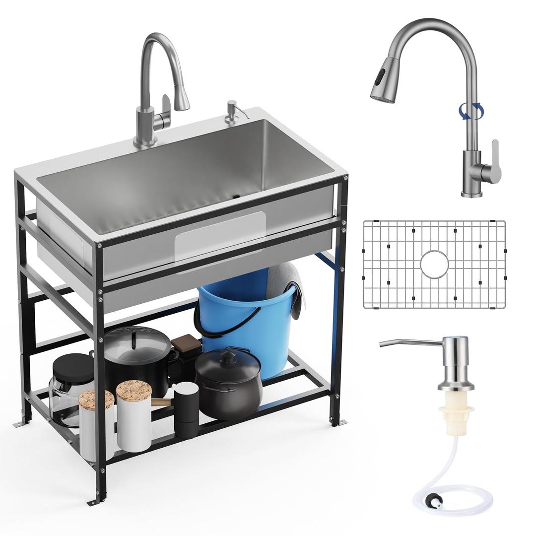 30x18 Inch Stainless Steel Utility Sink-Freestanding Laundry Sink Practicality With Accessories Stainless Functional Faucet,Soap Dispenser, SS Sink Grid For Laundry,Garage,Outdoor Kitchen,Garden