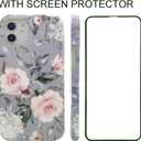 Magnetic Case for iPhone 12/12 Pro 6.1" Compatible with MagSafe - Soft TPU, Slim, Shockproof, Protective, Cute Gray Pink Floral & Screen Protector