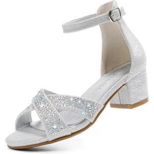 LAURMOSA Silver Dress Shoes Sandals for Girls High Heels for Kids Flower Girl Shoes Open Toe Ankle Strap Chunky Heels for Toddler Little Big Kids Sparkly Sandals for Wedding Party (L1032RhSilver 4)