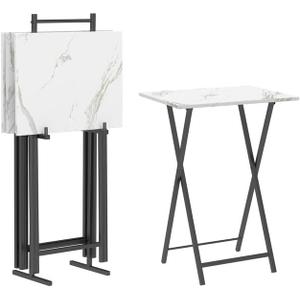 HOOBRO Folding TV Tray Tables, Set of 4 TV Trays with Storage Rack, Industrial Side Table for Eating at Couch, Foldable Snack Table for Small Space, Easy Assembly, White and Black BW50BZ01