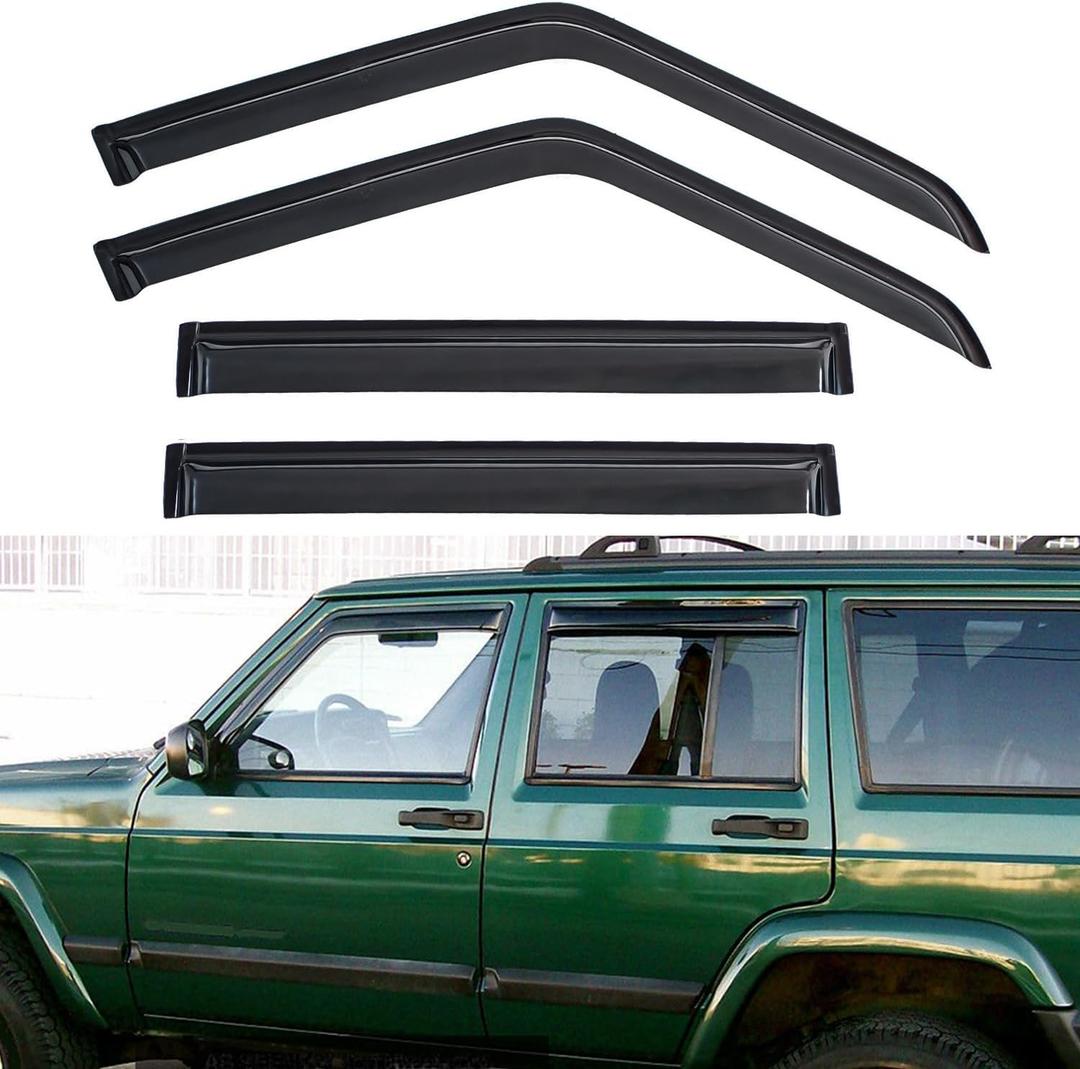 4pcs Window Visors Compatible with 1984-2001 Cherokee 4-Door Front+Rear Smoke Sun/Rain Guard Outside Mount Tape-On