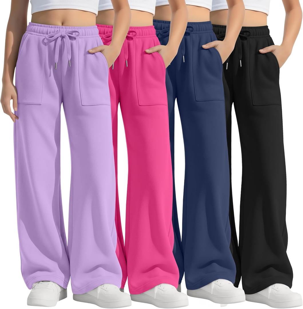 4 Pack Girls' Wide Leg Pants Drawstring Baggy Sweatpants Teen Loose Open Bottom Joggers with Pockets, XS