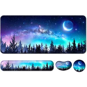 Keyboard Wrist Rest + Mouse Pad with Wrist Support + Desk Mat + Coaster 4 in 1 Set, XXL Large Gaming Mousepad Cute Ergonomic Mouse Pads for Desk Computer Laptop Office Decor-Forest Moon