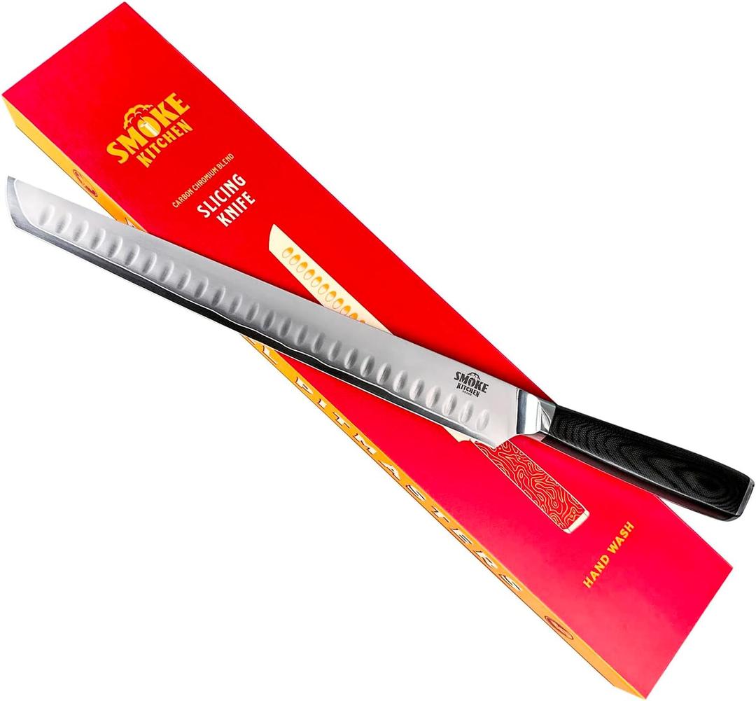 Smoke Kitchen 12" Brisket Slicing Knife – VG-10 Steel, Granton Edge, Full Tang, G10 Handle – BBQ Meat Carving Knife for Brisket, Turkey, Ham, Ribs, and Roasts