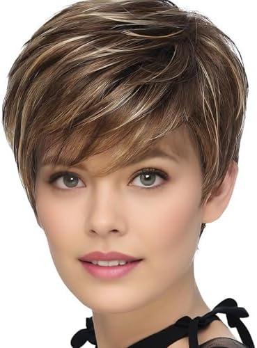 TISHINING Pixie Cut Brown Short Hair Wigs for White Women with Bangs Brown Mixed Blonde Highlights Layered Natural Looking Synthetic Hair Replacement Wigs for Daily Party Use
