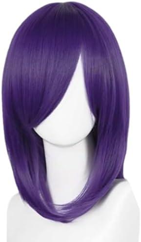 KiyaCos 40cm Purple Short Women Wig Straight Synthetic Fiber Shoulder Length Cosplay Wig Full Bangs