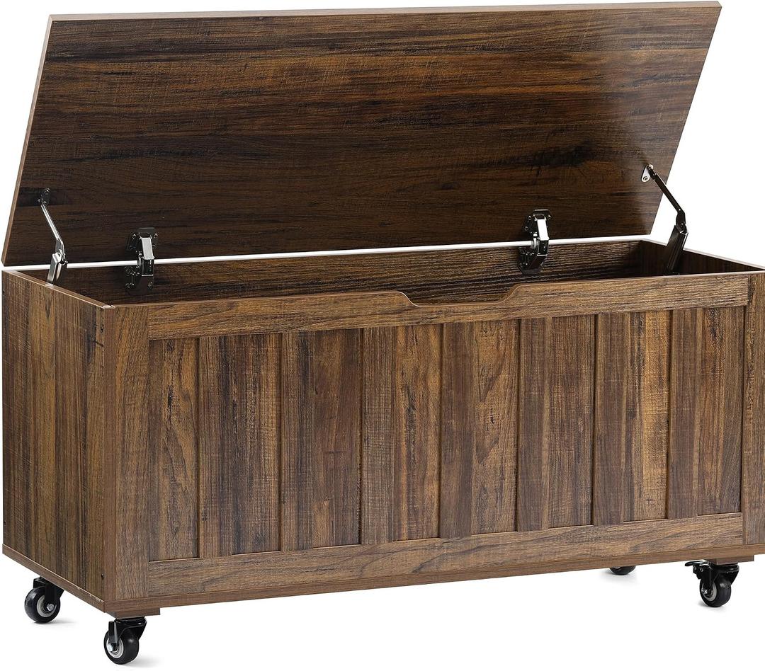 HYZ Storage Chest, 39.4'' Wooden Storage Bench with 4 Wheels & 2 Safety Hinges, Retro Toy Box Support 300 lbs for Bedroom, Living Room, Easy Assembly, Vintage Brown, 39.4''w X 15.7''d X 18.1''h