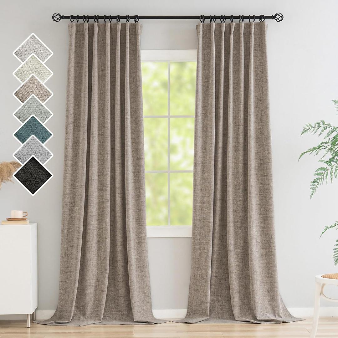 Novecozy 100% Blackout Curtains 96 Inches Length Long, Linen Thermal Insulated Curtains & Drapes for Bedroom/Living Room, Rod Pocket/Back Tab/Hook Belt/Ring Clips(2 Panels, W50 x L96, Linen Color)