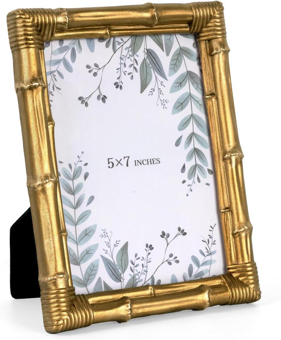 5x7 Picture Frame Bamboo, Resin Photo Frame with Tempered Glass Rustic Decorative Frame for Tabletop Display or Wall Display Option, Ideal for Living Room, Hallway, Bedside Home Dcor, Gold