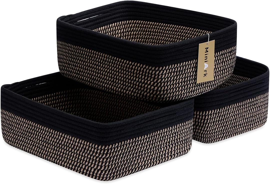 MiniArk Large Shallow Organizing Baskets 15x11x5.1 Inches - Rope Woven Storage Bins for Bathroom, Shelves, Cube Closet, Black Woven Brown (3 Packs)