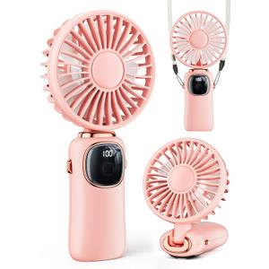 Portable Handheld Fan, 4000mAh Battery Operated Fan with LED Display, Handheld/Neck/Desk 3 in 1 Personal Small Fan, 90 Foldable Desk Fan with Base, 5 Speed Lash Fan Makeup Fan for Women (Pink)
