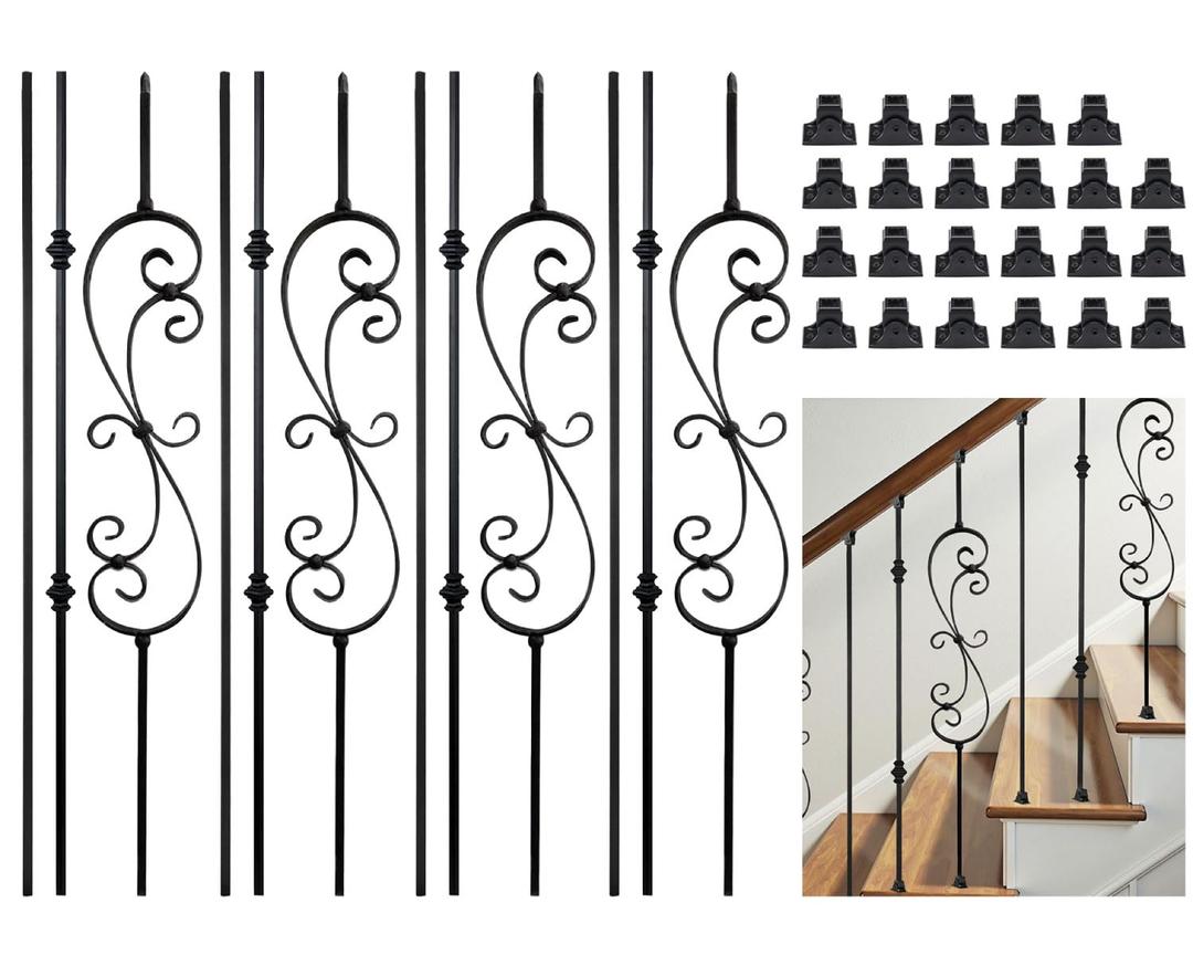 AAQQ 12 Pack Balusters for Staircase Interior Hollow Straight and S-Scroll and Double Knuckle Stair Spindles 1/2" Square Iron Balusters with 24 Swivel Shoes(A017-12)