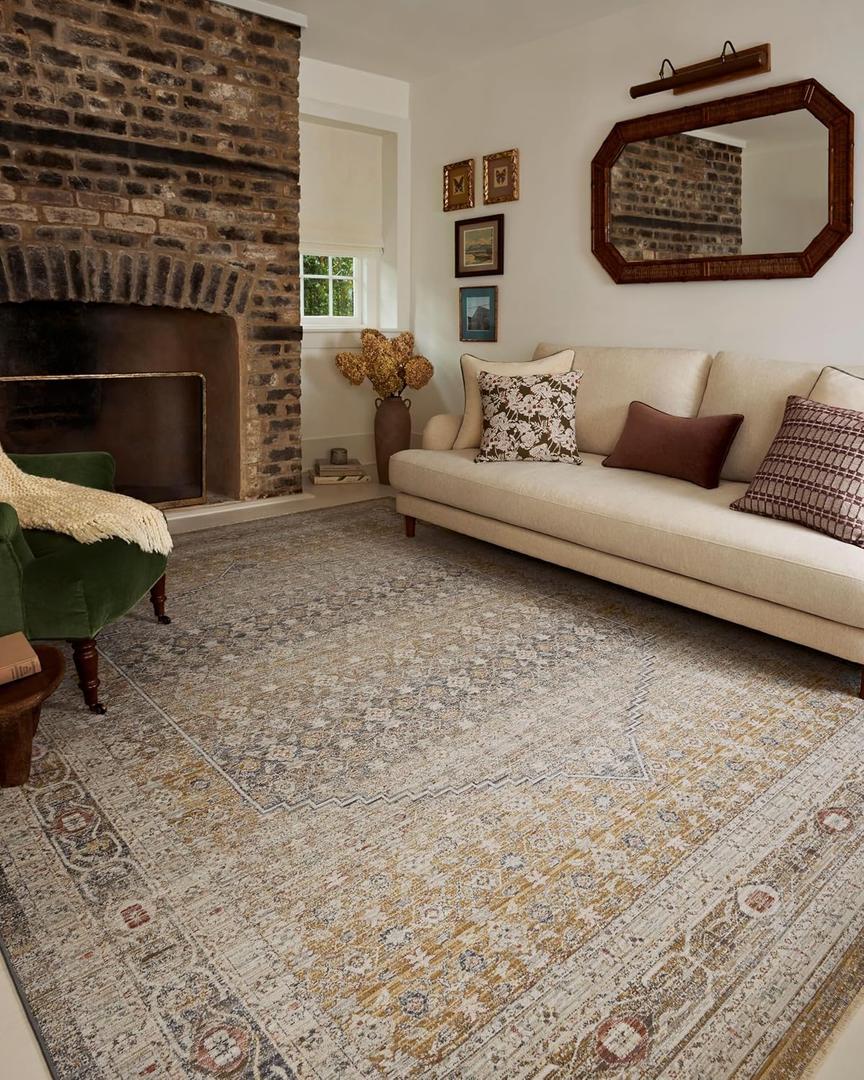 Loloi Chris Loves Julia Ida Stone/Gold 9'-3" x 13'-1" Area Rug | IDA-02 Approx. 9x13 Grey Living room Dining room Bedroom, Vintage Inspired, Timeless, Textured, Hand-Knotted, Area Rug
