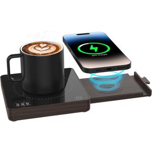 Coffee Mug Warmer with 15W Wireless Phone Charger & 3A USB Charging Port, 3 Temp Settings & 8H Auto Shut Off, Candle Warmer Plate for Heating Coffee, Milk, Tea & Candles,Valentine's Day Gift(Wood)