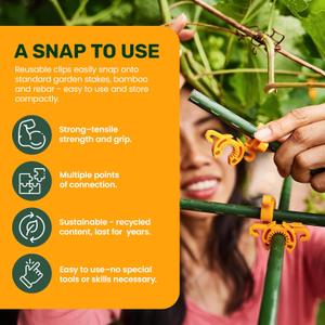 Plant Support Clips for Trellis, Garden Stakes, Wire Fence, Climbing Plants, Indoor Gardening, Hydroponics Systems, and Vines | Durable Gardening Clips (Tangerine Orange - 26 Pack)