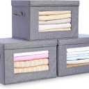 Citylife 3-Pack Collapsible Storage Bins with Lids, Linen Fabric Foldable Storage Boxes, Cube Closet Organization for Clothes, Blankets and Books, Gray