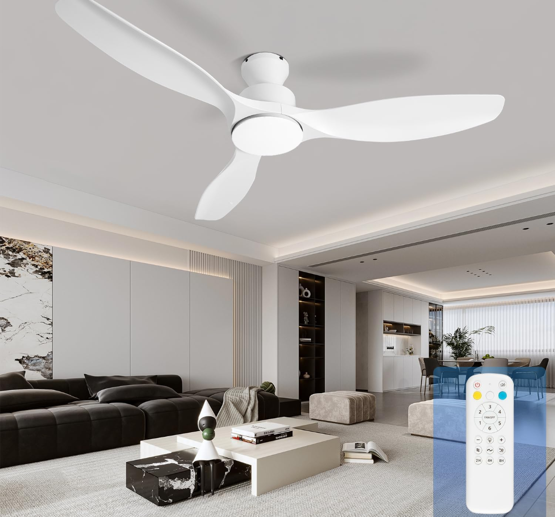 52" White Low Profile Ceiling Fan with Lights and Remote | Flush Mount, ABS Blades, Dimmable, 6 Speed, Quiet DC Motor, Timer, Modern, For Bedroom Living Room Farmhouse