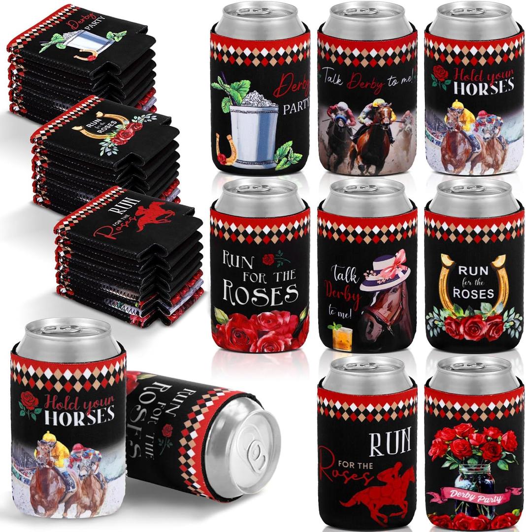 Pickmesh 24 Pcs Derby Can and Beverage Coolers Kentucky Horse Race Gifts Collapsible Funny Novelty Derby Can Holder for Horse Race Party Supplies (Run for the Roses)
