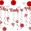 2 x 23Pcs She's Ready to Pop Glitter Banner, Red Cherry and Bow Theme Party Decor, Baby Shower Decorations with 6 Honeycomb Balls for Gender Reveal Party