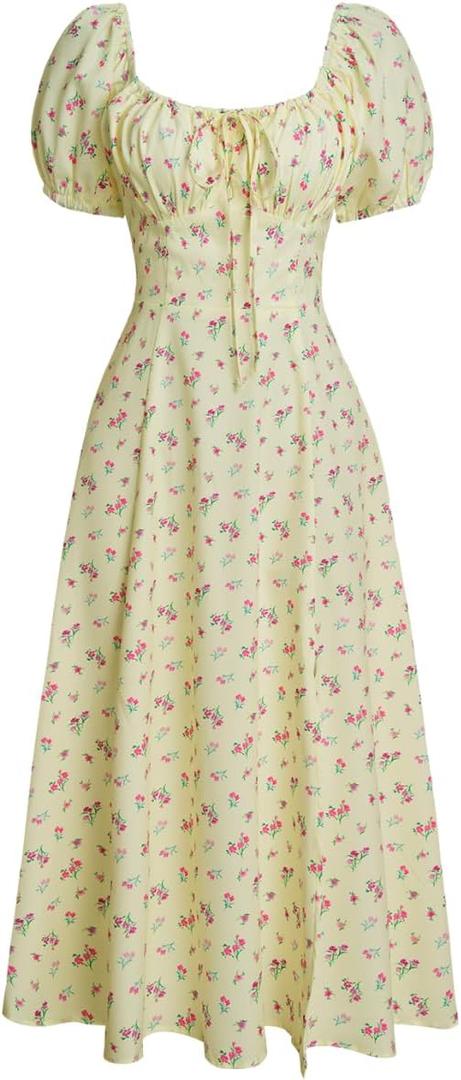 RIHOAS Womens Summer Dresses Square Neck Vintage Short Sleeve Midi Dress Casual Puff A Line Chiffon Sundress (M)