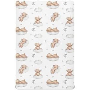 KICPOAY Fitted Crib Sheets White Bears with Clouds Stretchy Portable Playard Sheets for Baby Toddler, Breathable Soft Mini Crib Mattress 39 x 27 in for Boys and Girls