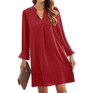 JOCAFIYE Womens Cute Shift Dresses Ruffle Sleeve V Neck Loose Dress Summer Solid Color Casual Dress Red S