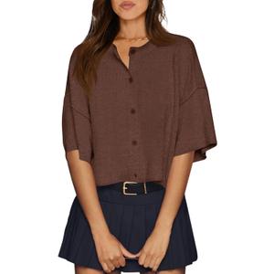 Cicy Bell Womens Half Sleeve Cardigan Sweaters Cropped Button Down Tops Oversized Lightweight Ribbed Knit Summer Outfits (Medium, Coffee)