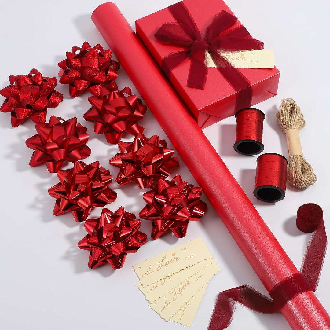 DYSHIPEN 30" Wrapping Paper Rolls with Gift Bows,Crimped Curling Ribbons,Silk Like Satin Ribbon and Gift Tags For Christmas Gift Wrapping Birthday Baby Shower Wedding(16.4 Ft). (Red, 30 Inch)