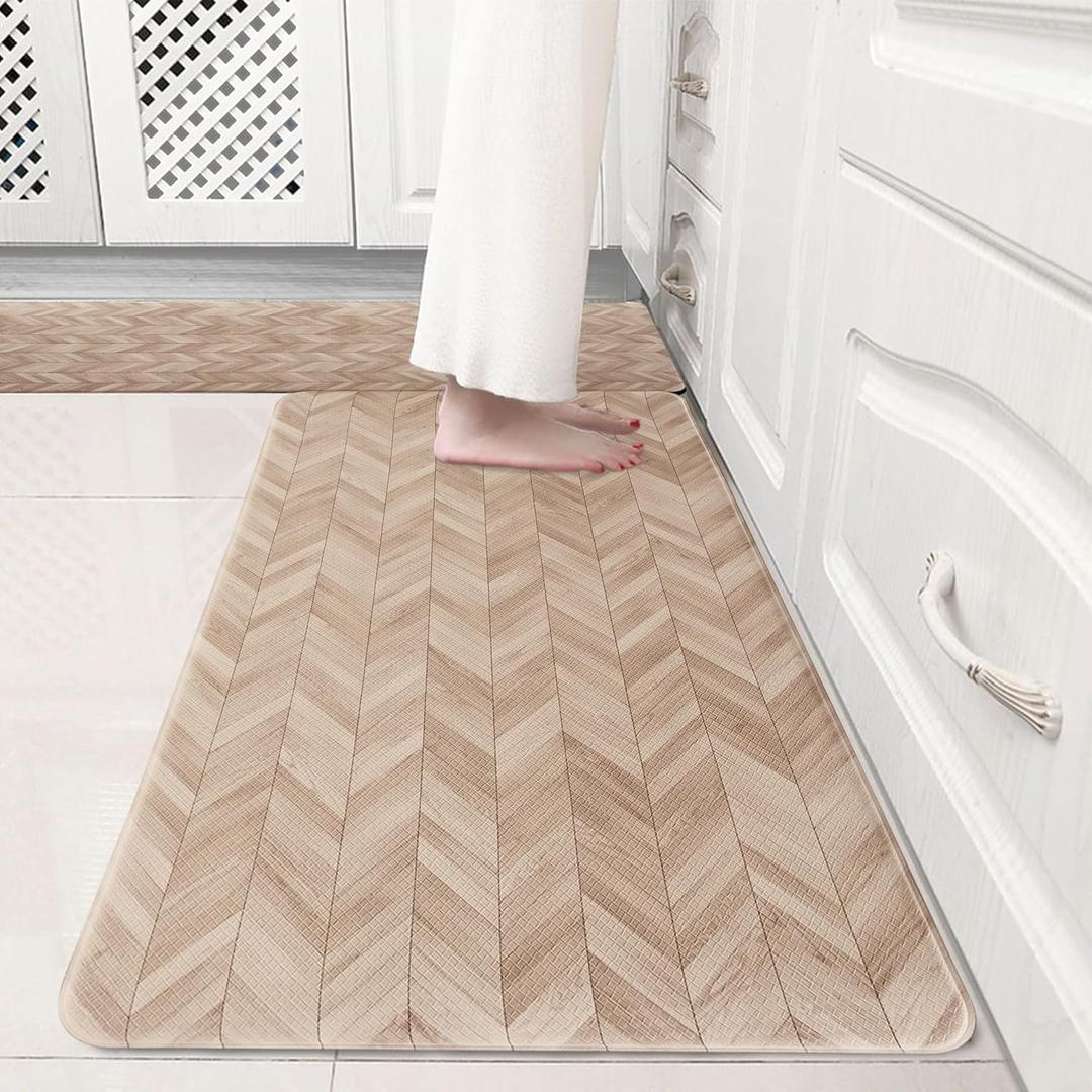 Rustic Light Grey Wood Kitchen Rug Sets [2 PCs], Anti-Fatigue, Waterproof Non-Slip Kitchen Mats Heavy Duty Ergonomic Comfort Foam Rug for Floor, Home, Laundry,17"x29"+17"x47"