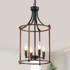 Modern Farmhouse Chandeliers 4 Light 11.8" Lantern Pendant Lighting Fixture Adjustable Height Ceiling Lights Black Wood Grain Finish for Kitchen Foyer Entryway Hallway Dining Room
