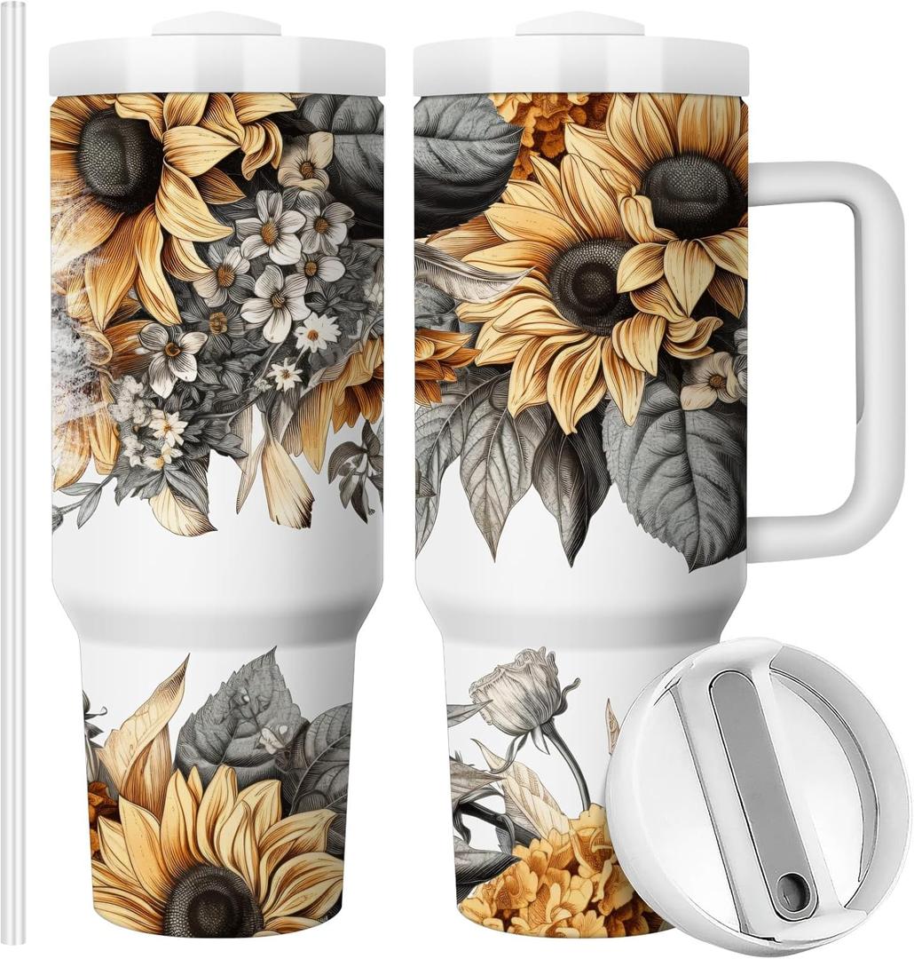 Equoza Sunflower Tumbler Gift for Women,Cowgirl Country Music Sunflowers Guitar 40oz Stainless Steel Travel Tumbler with Handle, Double Wall Vacuun Insulated Cup with Lid and Straw (Pack of 1)
