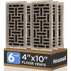 Howeall 4x10 Inches 6 Pack Heavy Duty Walkable Floor Register - Easy Adjust Air Supply Lever Decorative Floor Vent Covers, Seattle Design Vent Covers for Home - Antique Brass