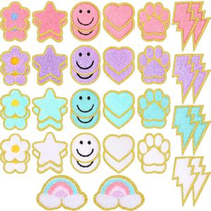 Yilloog 50 Pcs Self Adhesive Chenille Patches Paw Print Patches Smile Face Heart Patches Preppy Patches Chenille Rainbow Sew On Patches for Jackets Jeans(Cute Style)