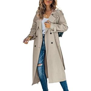 Makkrom Women's Double Breasted Long Trench Coat Windproof Classic Lapel Slim Overcoat with Belt Size L