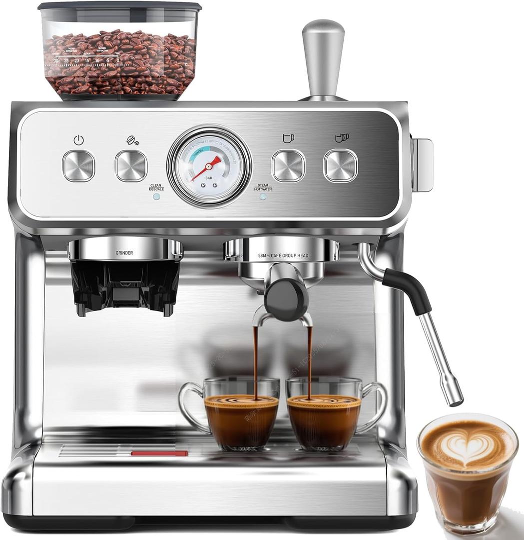 (2025 Upgrade)20 Bar Espresso Machine with Grinder & Milk Frother Steam Wand, Tamping Tools, Expresso Coffee Machines 58mm Commercial Espresso Maker for Home or Caf, Perfect for latte, Cappuccino