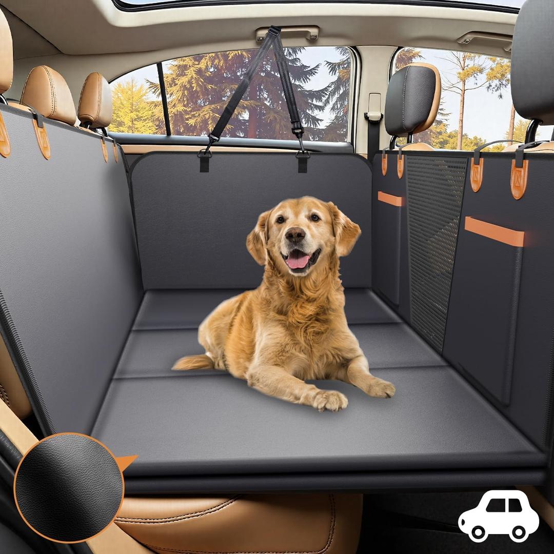 Upgraded PU Thickened Dog Car Seat Cover for Back Seat, Waterproof Back Seat Extender for Dogs with Hard Bottom, Dog Car Seat Cover for Car SUV! Anti-Scratch! Safer! (Holds 400lbs) (For Cars/ Mid-Size SUV/ Small Truck, L Black Faux Leather)