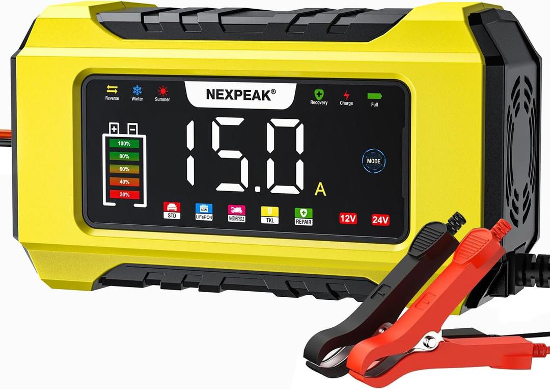 NEXPEAK NC215 15-Amp Battery Charger, Trickle Charger Car Battery Charger 12V 24V LiFePO4 Lead Acid Portable 9-Stage Smart Battery Maintainer w/Temp Compensation for Car Truck Lawn Mower Boat Marine
