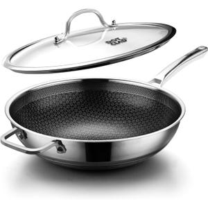 Wok pan,Hybrid 13 inch Wok with Lid, PFOA Free Cookware,non stick Stainless Steel Woks & Stir-fry pans Nonstick, Dishwasher and Oven Safe, Works on Induction (13inch)