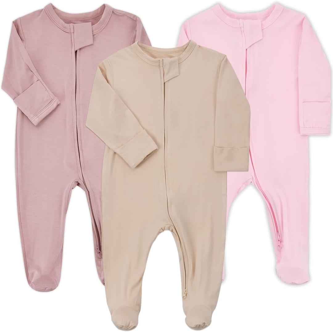 Aablexema Baby Pajamas Bamboo Rayon Zipper, 3pcs Unisex Infant Outfit with Mitten One Piece Footie Sleepwear 
(Beige & Pink & Purple, Newborn)