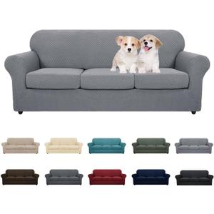MAXIJIN 4 Piece Couch Covers for 3 Cushion Couch Super Stretch Non Slip Couch Cover for Dogs Pet Friendly Elastic Jacquard Furniture Protector Sofa Slipcovers (Sofa, Light Gray) (Large (3 Cushion))