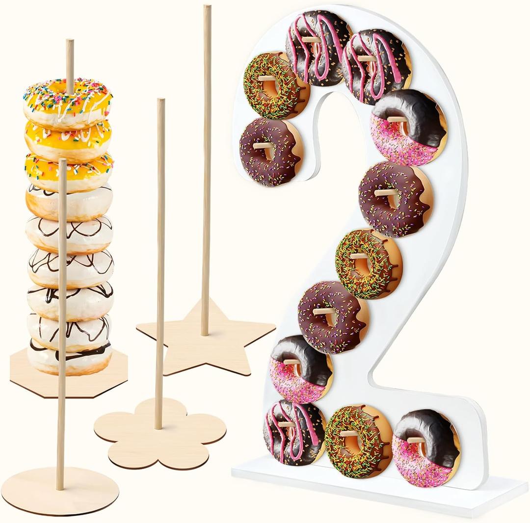 5 Pcs Donut Stand Set, Doughnut Party Supplies Include 1 Pc Digit Donut Wall Display Stand, 4 Pcs Doughnut Wall, for Birthday Wedding Baby Shower Party (White number 2)