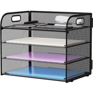 Marbrasse 4 Tier Paper Organizer Letter Tray - Mesh Desk File Organizer with Handle, Paper Sorter Organizer for Letter/A4 Office File Folder Holder (Black, 12.6" x 9.1" x 10.7")